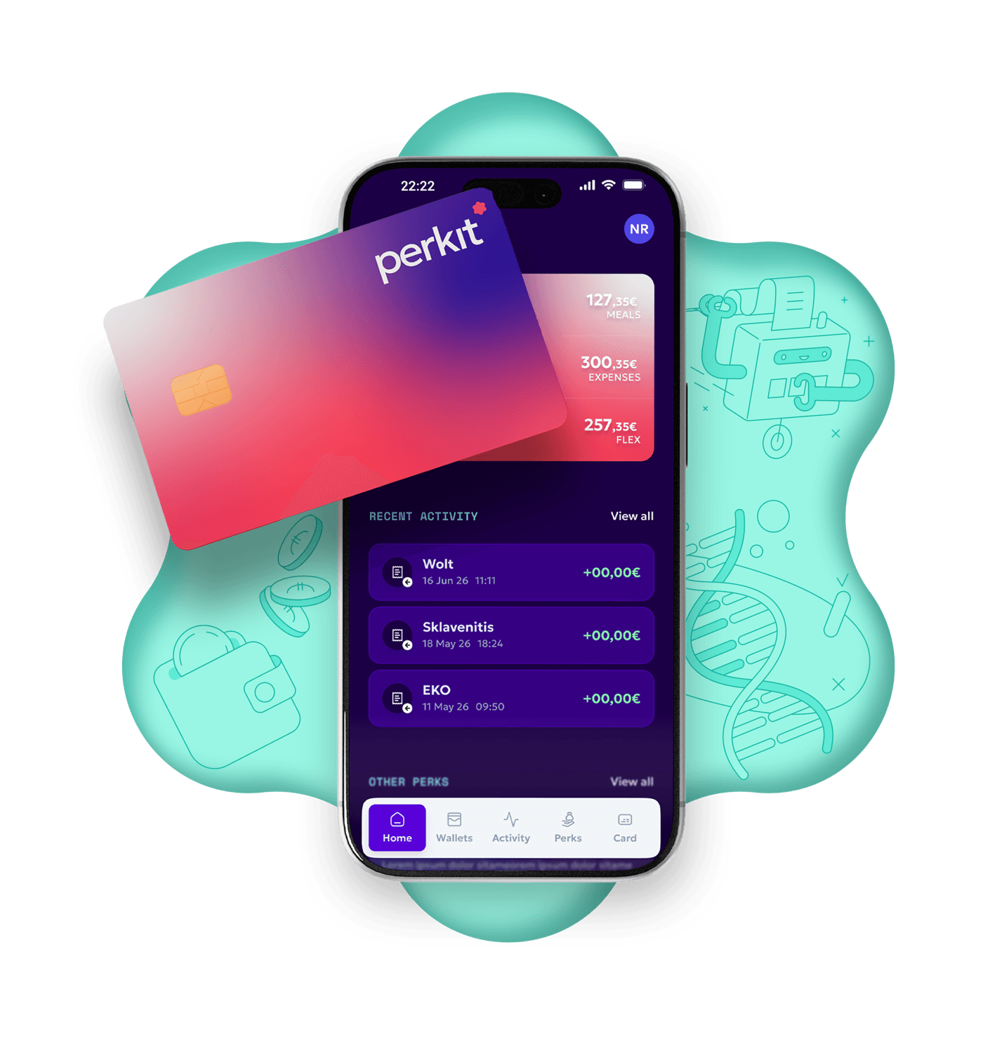 Κάρτα Perkit και app με τρία πορτοφόλια — γεύματα, έξοδα και ευέλικτες παροχές